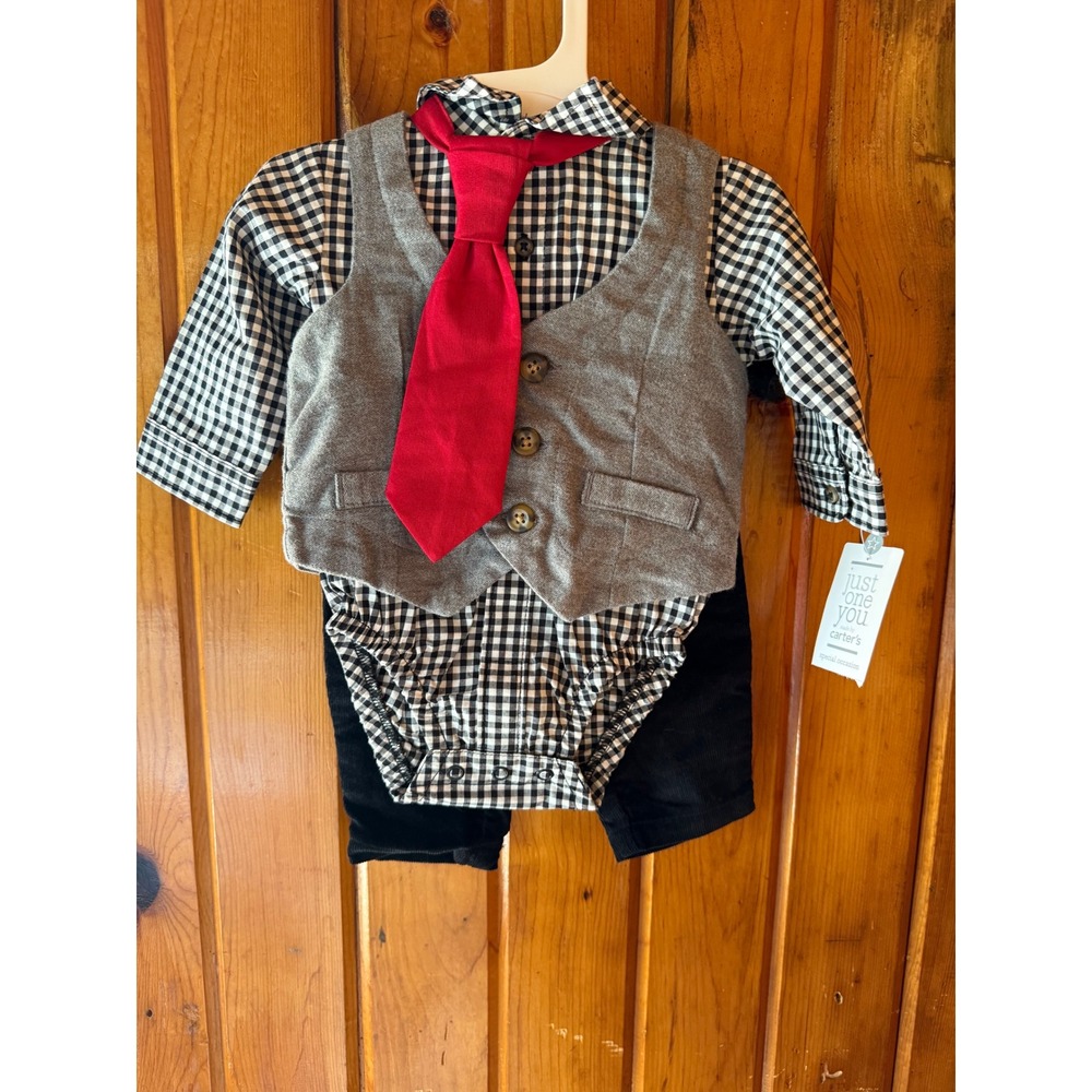 Baby Boys‎ Carter's 4pc Plaid Vest Shirt Tie Shorts Outfit Set Gentleman Formal